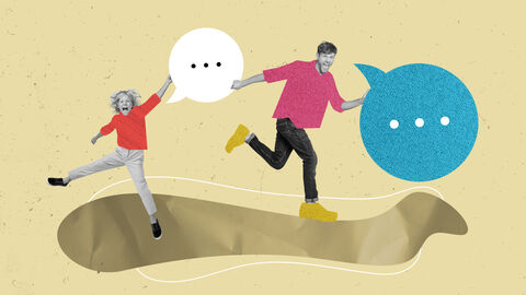 Links ein grafisch stilisierter Junge, rechts ein junger Mann. Beide stehen auf einem grafisch angedeutetes Weg und haben Sprechblasen neben sich stehen in denen "..." zu sehen ist.